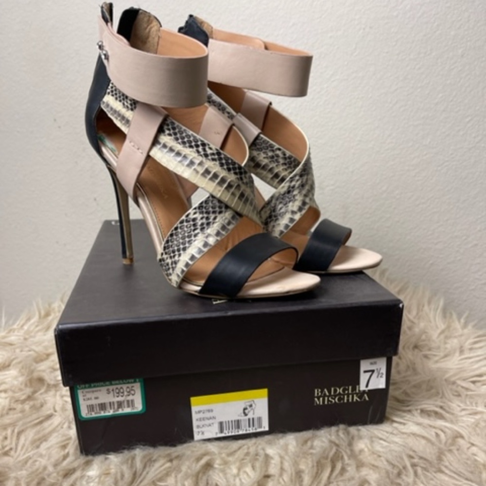 Badgley Mischka • 'Keenan' Cage Heel • Snake Print+Black+Nude • 7.5